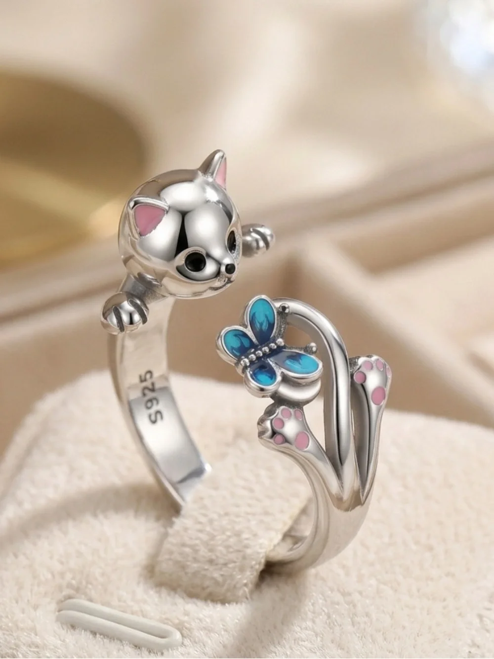 Sterling Silver Cat & Blue Butterfly Adjustable Ring - Pink Accents